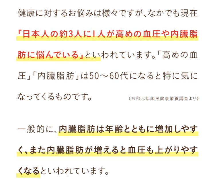 健康に対するお悩みは様々ですが、なかでも現在「日本人の約3人に1人が高めの血圧や内臓脂肪に悩んでいる」といわれています。